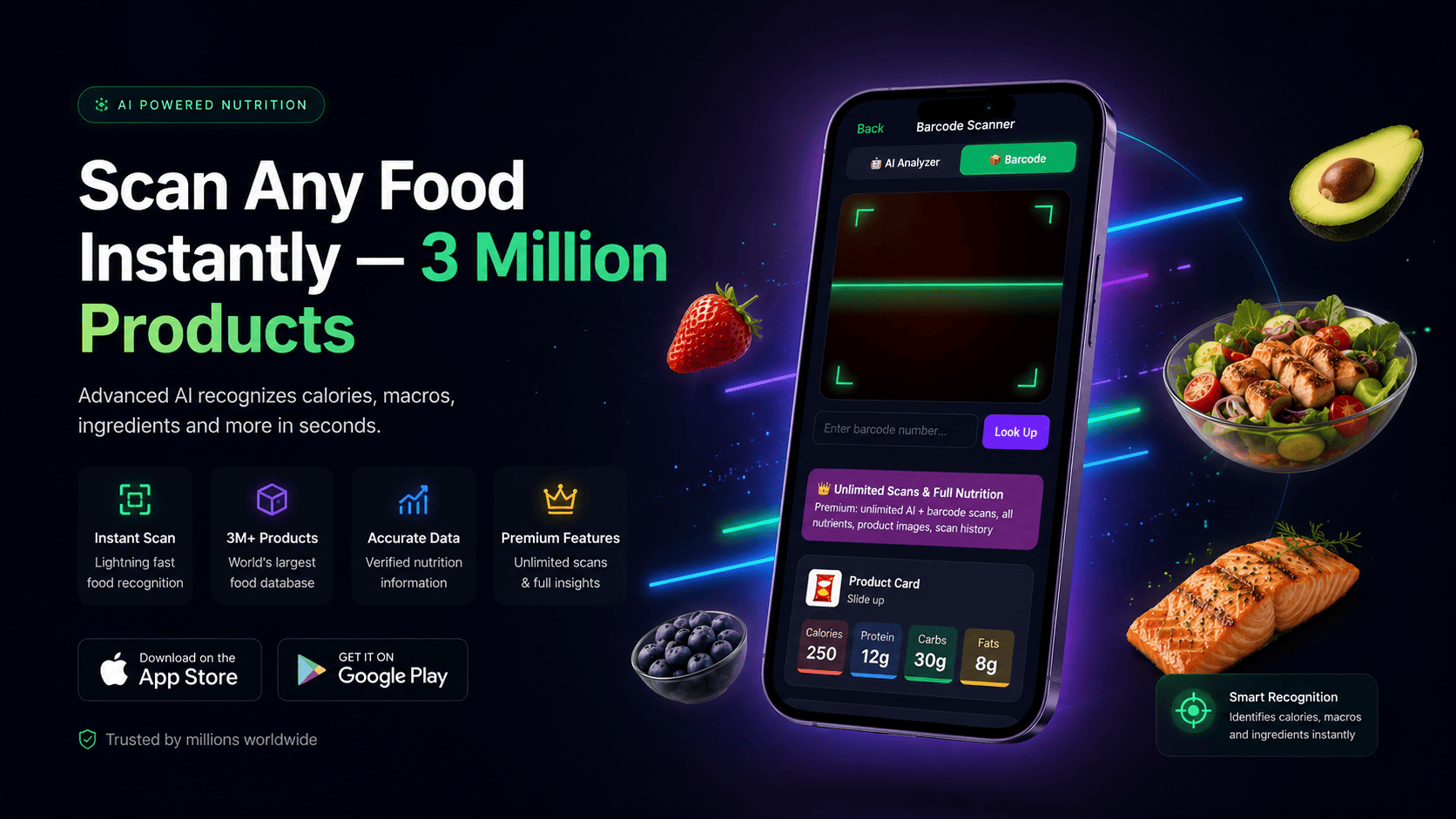 NutriPath barcode and AI scanner: scan any food instantly across 3 million products, with instant calories, protein, carbs and fats and a premium unlimited-scan upgrade.