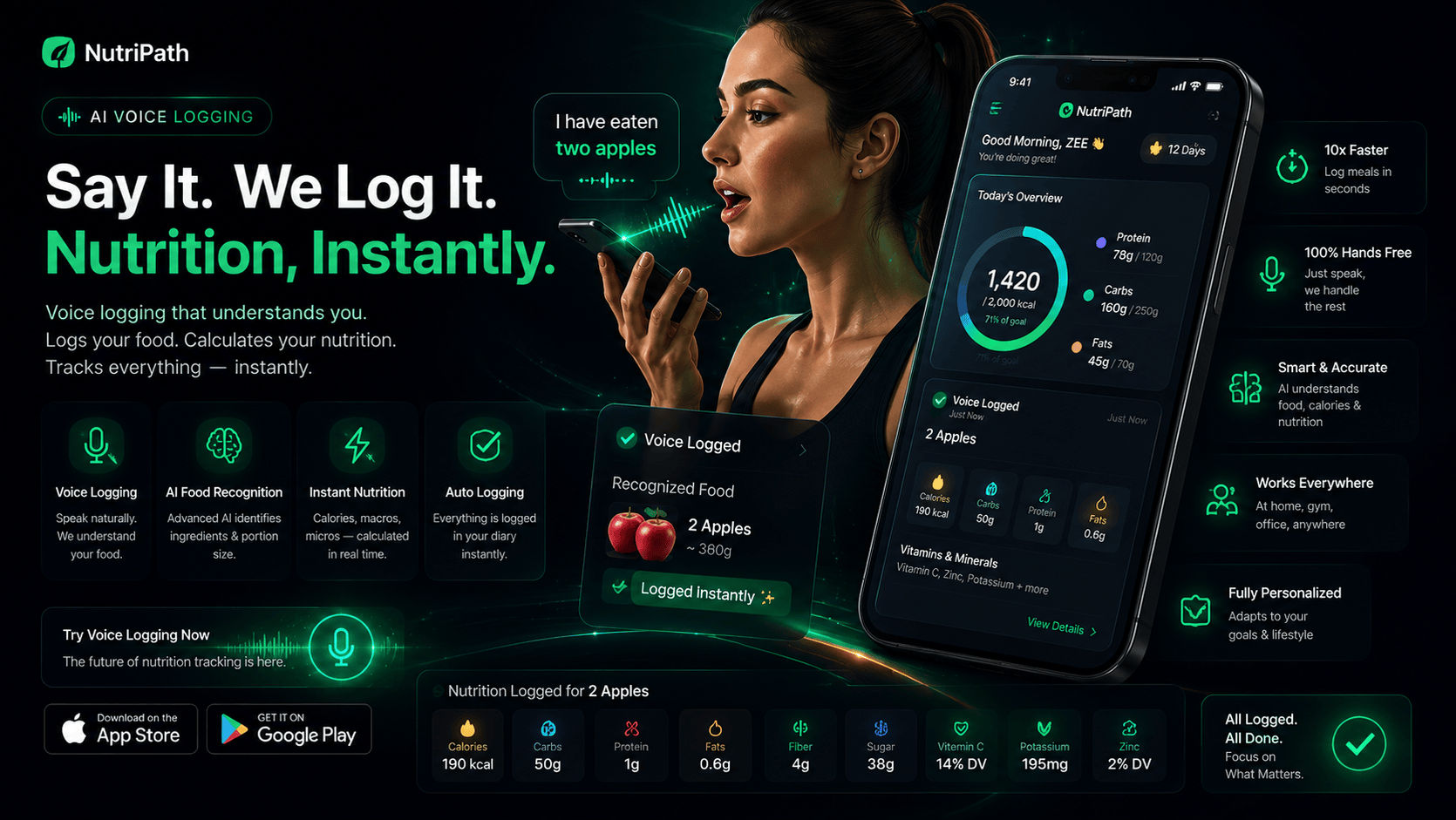 NutriPath AI voice logging: say what you ate and NutriPath logs the food, calculates full nutrition and tracks everything instantly, hands-free.