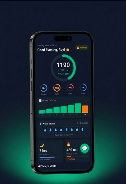 NutriPath dashboard showing daily calories, macros, weekly chart and water intake
